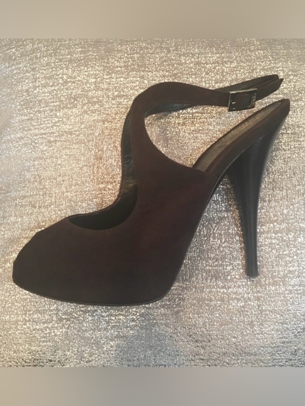 Fendi Chocolate Brown Velvet Peep Toe Slingback Heels Size 37.5 - Picture 8 of 11